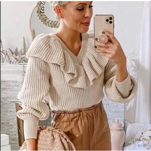 H&M Cream Ruffled V-Neck Sweater